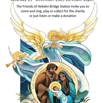 Carol singing at Hebden Bridge Station 2025